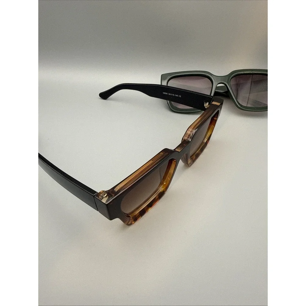 Sunglasses (2 pairs) w/ Gradient Lens Square Chunky Wide Rims-Green & Tortoise